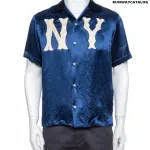 Gucci Navy Blue Satin New York Yankees Patch Bowling Shirt S