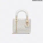 Christian Dior Mini Chalk White Lady Dior Wavy Shiny Crinkled Lambskin Bag