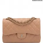 Chanel Beige Shiny Quilted Caviar Jumbo Classic Double Flap Bag