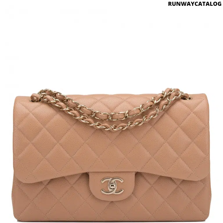 Chanel Beige Shiny Quilted Caviar Jumbo Classic Double Flap Bag