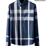 Burberry Check Stretch Cotton Poplin Navy Blue Shirt