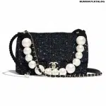 Chanel Black Tweed Fabric & Pearls Classic Single Flap Bag