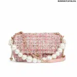 Chanel Pink Tweed Fabric & Pearls Classic Single Flap Bag