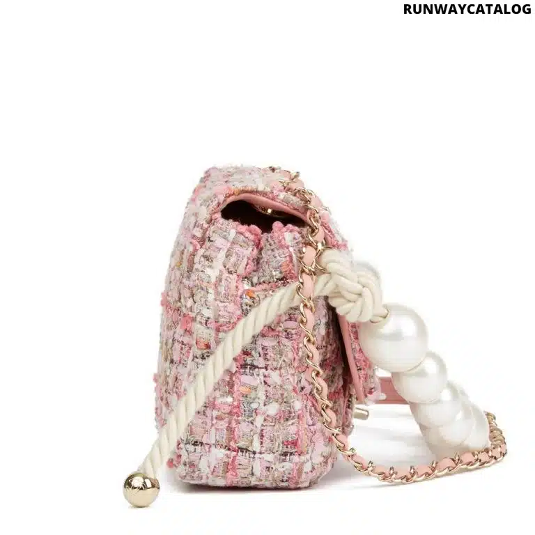 Chanel Pink Tweed Fabric & Pearls Classic Single Flap Bag - Image 2