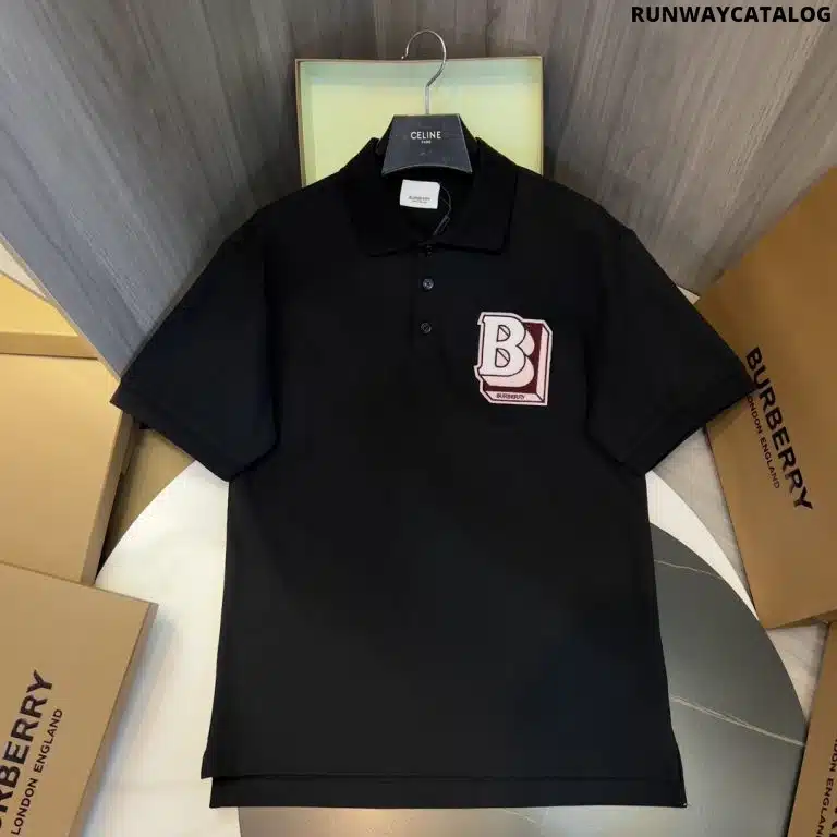 B letter pattern cotton polo shirt Black