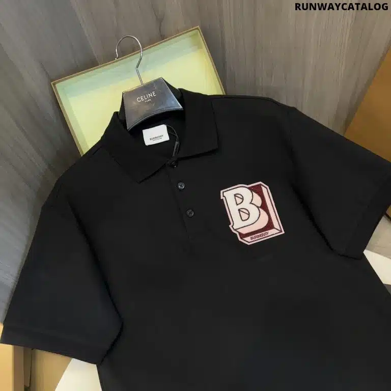 B letter pattern cotton polo shirt Black - Image 2