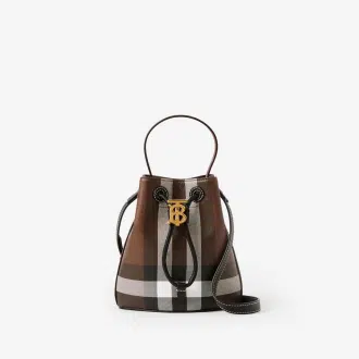 A Burberry Check Drawcord Bucket Bag, featuring a top handle, detachable crossbody strap, polished metal hardware, and a cotton-blend lining with a Thomas Burberry Monogram.