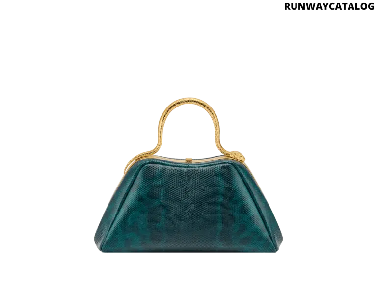 Bvlgari Serpentine Mini Top Handle Bag in bright forest emerald shiny karung with a gold-plated snake body handle and red enamel eyes.