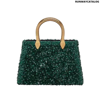 Bvlgari Serpentine Duo Tote Bag in forest emerald Mosaic Embroidery satin with hand-sewn sequins and signature snake body-shaped handles.