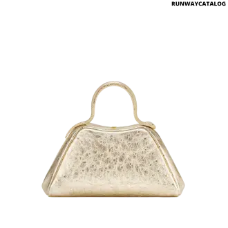 Bvlgari Serpentine Mini Top Handle Bag in light gold metallic ostrich skin with a gold-plated snake body handle and red enamel eyes.