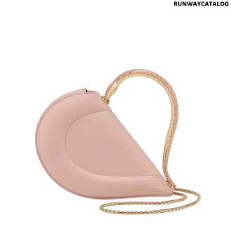 Bvlgari Serpenti Cuore 1968 top handle bag in star rose pink calf leather with a serpentine metallic handle and multicolored enamel detailing.