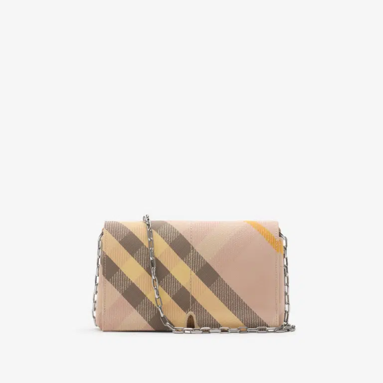 A Burberry Check Compact Bag, crafted from a water-repellent cotton blend with a detachable chain strap, geometric topstitching, B-cut hardware, and a tonal leather lining.