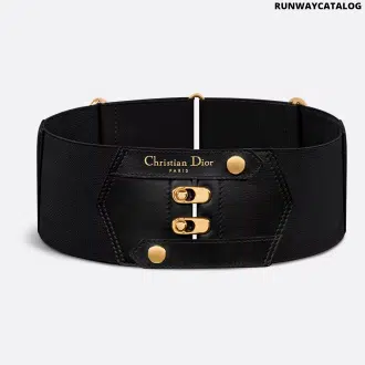 Dior Chase Belt in black calfskin and elastic with gold-finish Christian Dior Paris signature, corset-style hooks, and adjustable back.