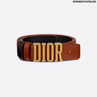 Dior D-Fence Belt in reversible calfskin with a removable Dior buckle, antique gold-finish detailing, and two removable loops for a customizable look.