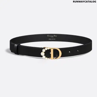 Dior 30 Montaigne Belt in black calfskin with a gold-finish CD buckle and white resin pearl embellishments for a timeless, elegant style.