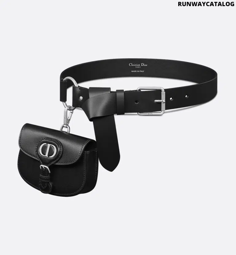 Dior Symbol Belt in black calfskin with a CD-engraved silver-finish pin buckle and a removable Dior Bobby pouch for a functional yet stylish accessory.