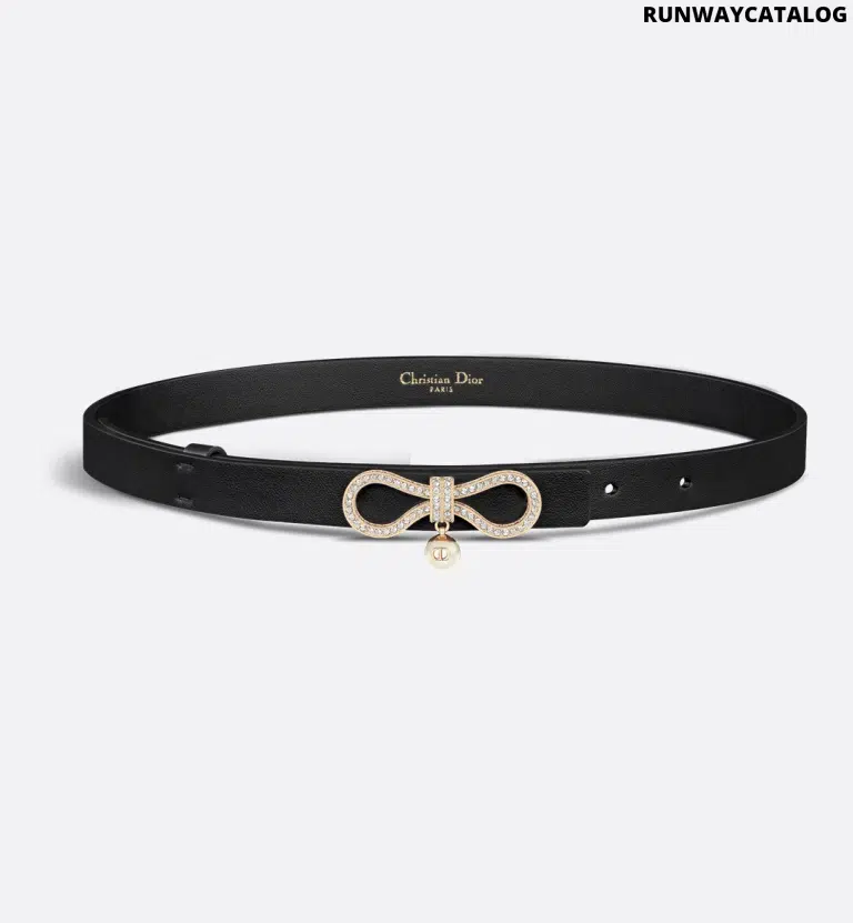 Dior Le Nœud de Dior Belt in black calfskin with a crystal-encrusted pale gold buckle and white CD resin pearl.