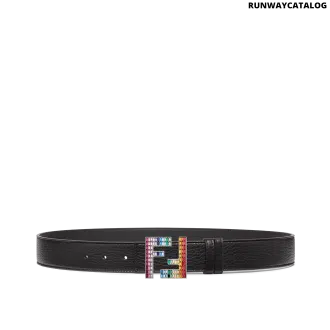 Fendi FF Buckle in palladium-finish metal with multicolor zircons, paired with a reversible black leather belt for a customizable, luxury look.