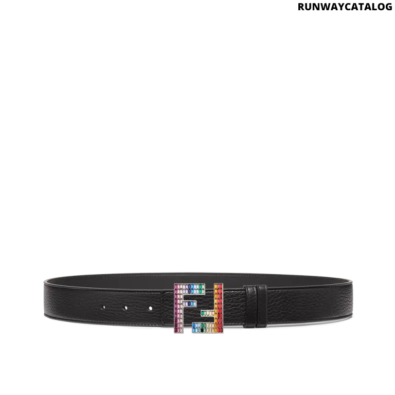 Fendi FF Buckle in palladium-finish metal with multicolor zircons, paired with a reversible black leather belt for a customizable, luxury look.