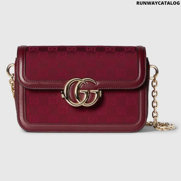 Gucci Go Small Shoulder Bag in Rosso Ancora red GG canvas with matching leather trim, gold-toned hardware, and a detachable mirror.