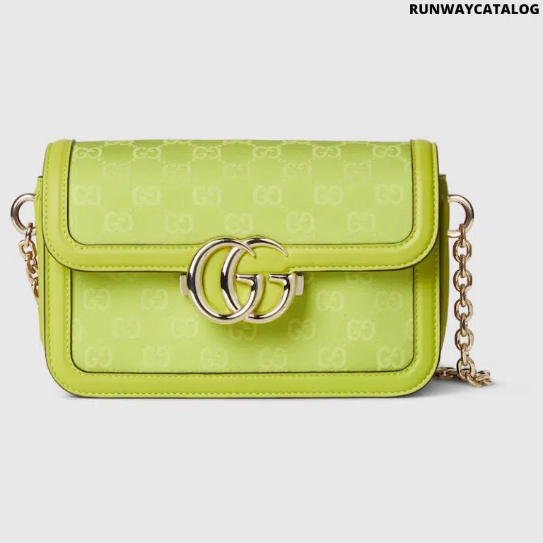 Gucci Go Small Shoulder Bag in Bright Green GG canvas with gold-toned hardware, a detachable mirror, and an adjustable strap for versatile styling.