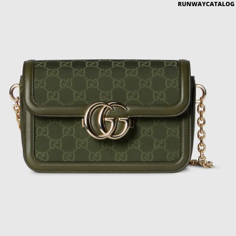 Gucci Go Small Shoulder Bag in forest green GG canvas with dark green leather trim, gold-toned hardware, and a detachable mirror.