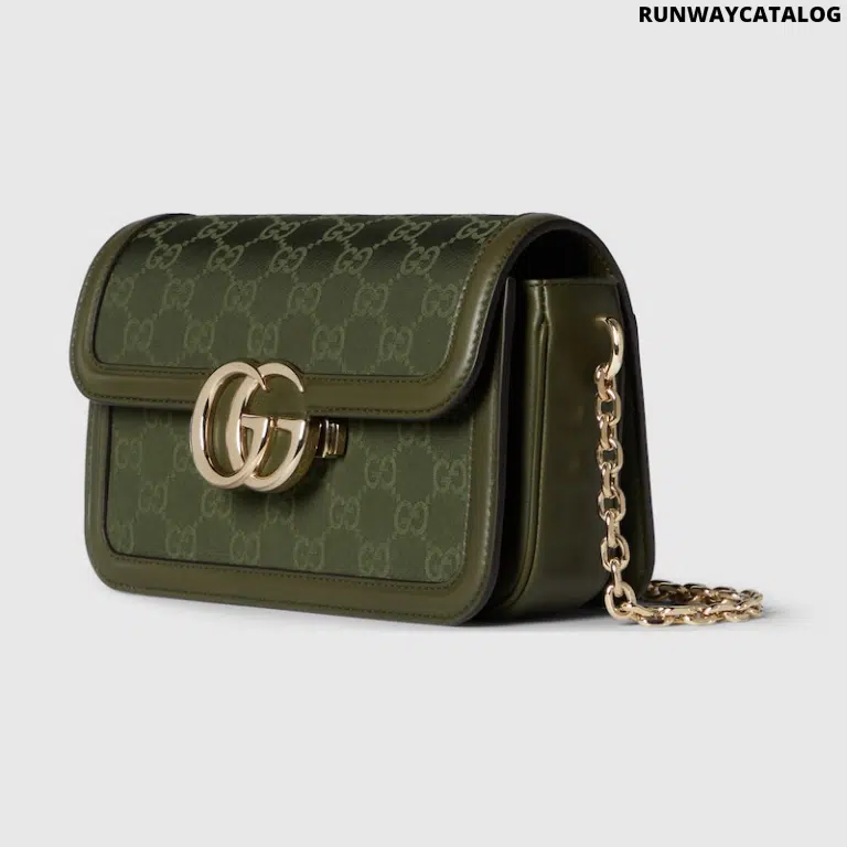 Gucci Go Small Shoulder Bag in forest green GG canvas with dark green leather trim, gold-toned hardware, and a detachable mirror.