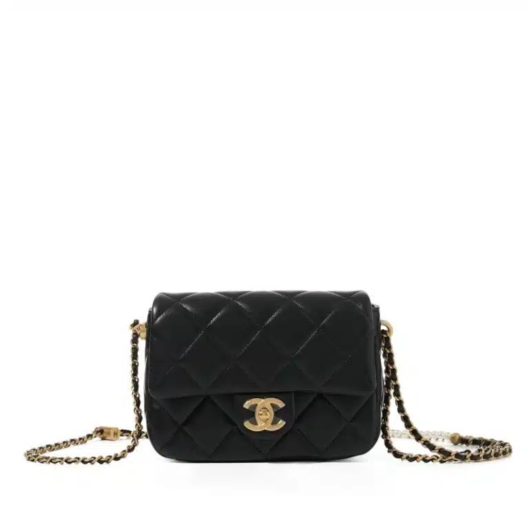 Black Quilted Lambskin Flap Bag Pearl Crush Gold Hardware