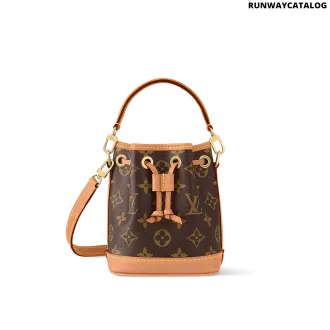 Mini Nano Noé bag in Monogram canvas with cowhide leather trim, drawstring closure, and removable strap for versatile wear.