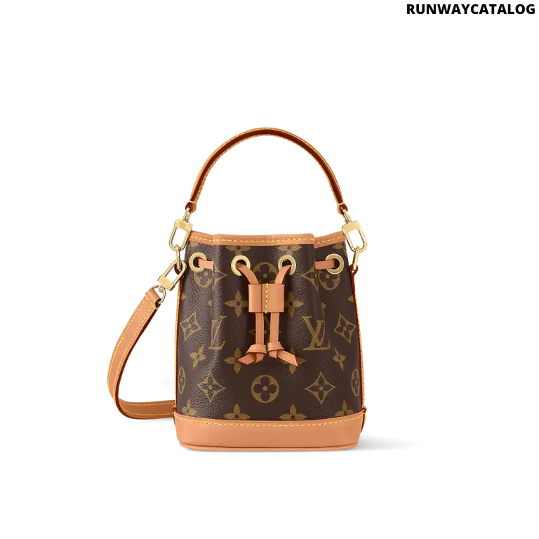 Mini Nano Noé bag in Monogram canvas with cowhide leather trim, drawstring closure, and removable strap for versatile wear.