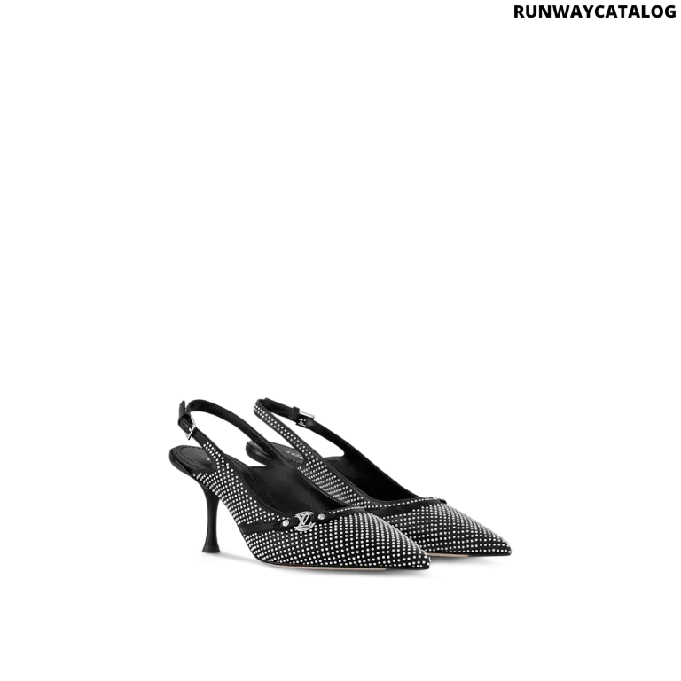 Louis Vuitton 6AM Slingback Pump in black lambskin with silver-toned studs, LV Circle accessory, and a mid-height curved heel.