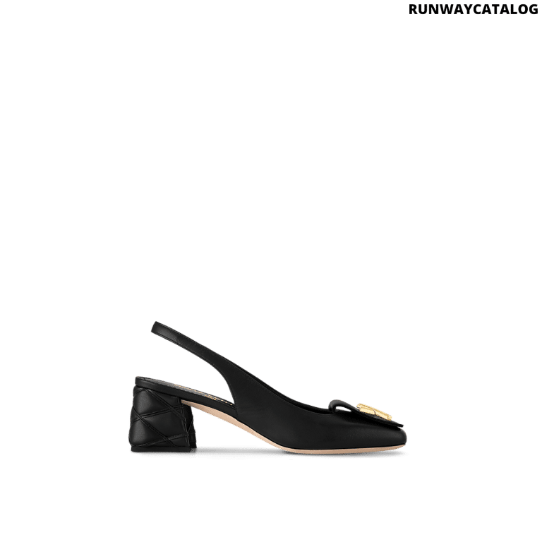 Louis Vuitton Shake Slingback Pump in black lambskin with a Malletage-patterned block heel and LV accessory for a refined statement look.