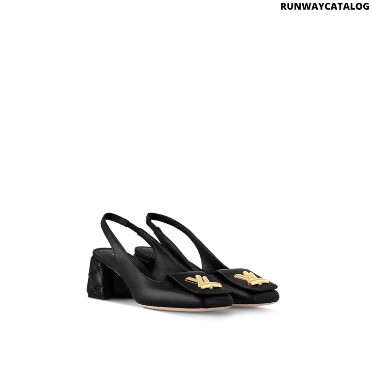 Louis Vuitton Shake Slingback Pump in black lambskin with a Malletage-patterned block heel and LV accessory for a refined statement look.