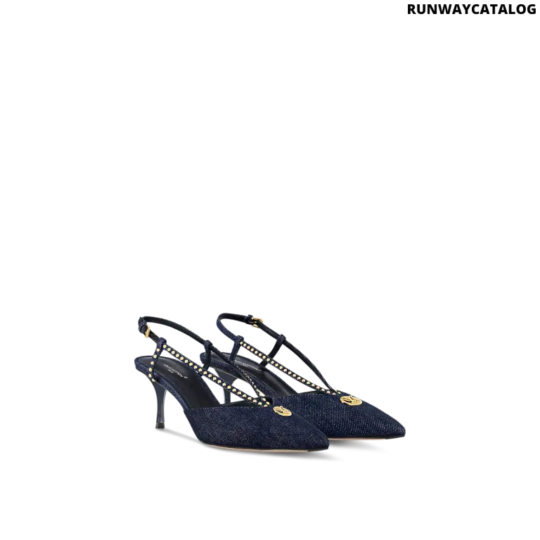 Louis Vuitton Stellar Slingback Pump in dark blue denim with gold-tone LV Circle detail, studded straps, and a star-shaped heel.