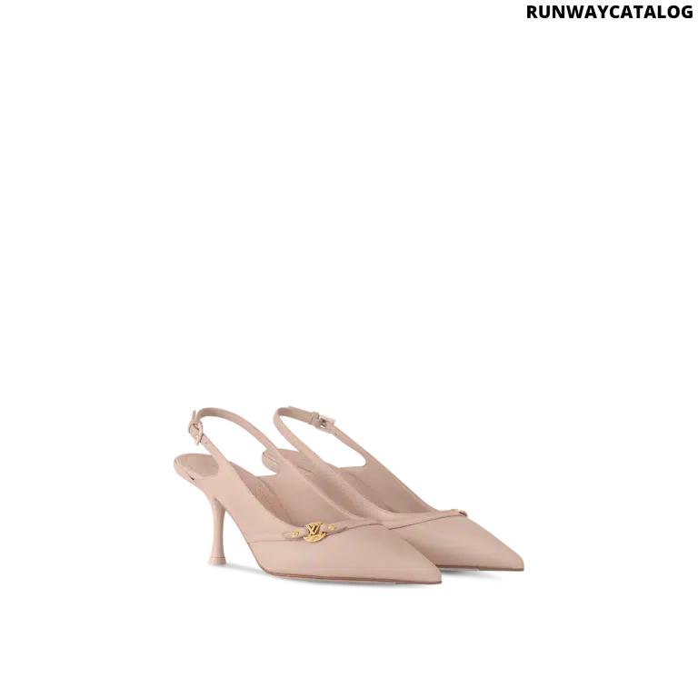 Louis Vuitton 6AM Slingback Pump in nude pink lambskin with patent leather strap, LV Circle accessory, and a 3-inch curved heel.