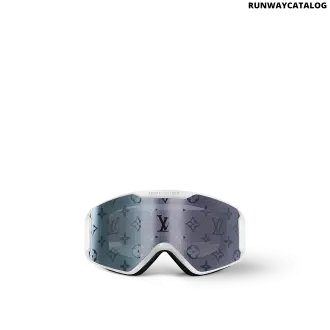 LV Snow ski goggles with a white matte-frosted frame, curved silver Monogram lens, and embossed 5 Elements adjustable strap for high-performance winter sports.