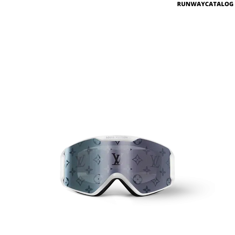 LV Snow ski goggles with a white matte-frosted frame, curved silver Monogram lens, and embossed 5 Elements adjustable strap for high-performance winter sports.