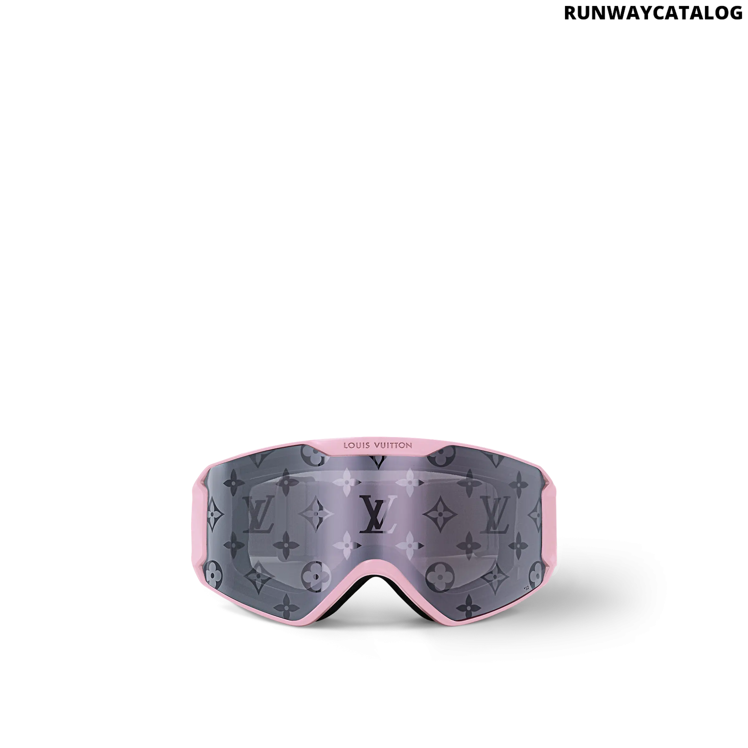 Luxury LV Snow ski goggles with a light pink matte-frosted frame, curved silver Monogram lens, and an embossed adjustable strap, offering anti-UV, anti-fog, and anti-scratch protection for high-performance skiing.