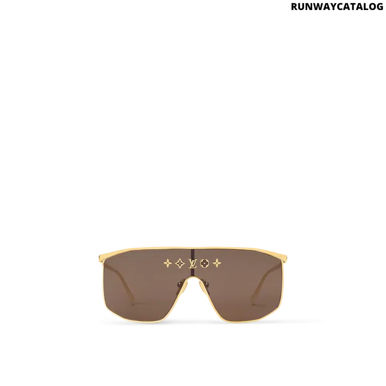 LV Golden Mask sunglasses with a gold-toned metal frame, brown lenses, 5 Elements studs, and engraved Louis Vuitton branding on the temples and end tips.