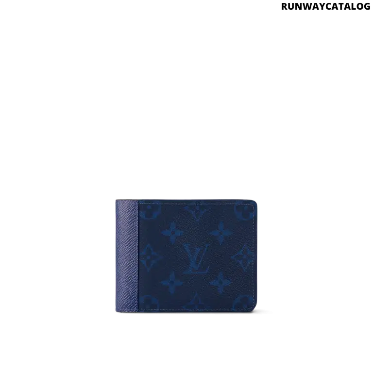 The Louis Vuitton Multiple Wallet in Navy Blue features Monogram Pacific coated canvas and Taiga leather, silver-tone hardware, and a well-organized interior with slots for cards, receipts, and bills.