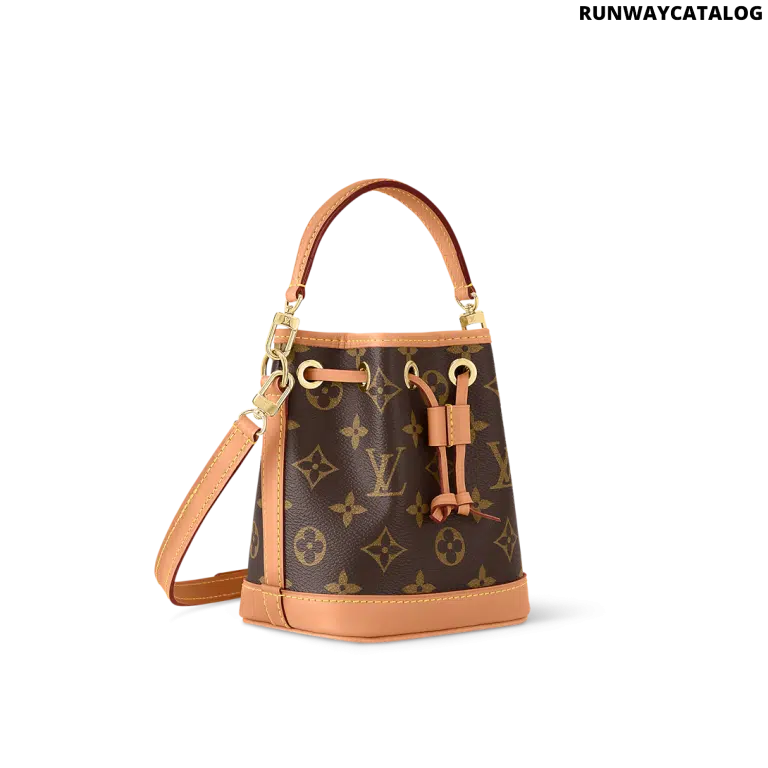 Mini Nano Noé bag in Monogram canvas with cowhide leather trim, drawstring closure, and removable strap for versatile wear.