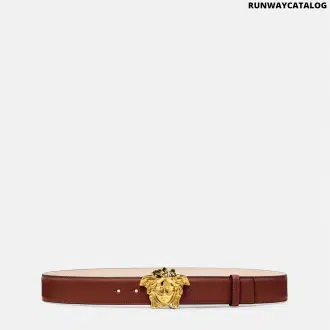 Versace leather belt with Medusa buckle and Greca embossing, crafted in Italy for a refined and luxurious look.