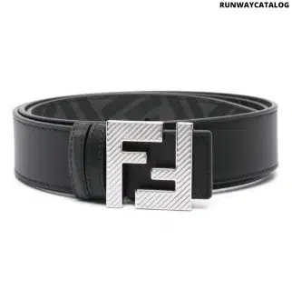 Fendi reversible belt in black Cuoio Romano leather with FF stud buckle and grey-black FF motif lining, a luxury statement piece for any wardrobe.