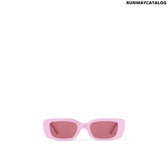 LV x Takashi Murakami Multigram sunglasses with a pink cat-eye frame, Monogram Multicolor acetate temples, golden brass hardware, and UV-protective pink lenses.