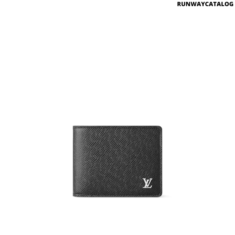 The Louis Vuitton Multiple Wallet in black Taiga leather features a sleek design with silver-tone LV Initials, multiple card slots, bill compartments, and a compact structure for everyday sophistication.