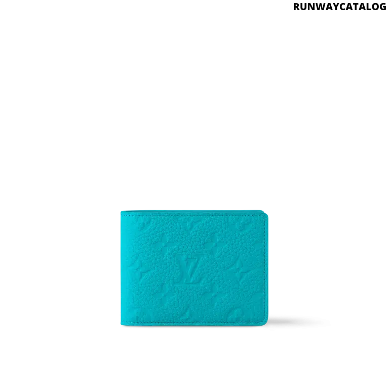 Louis Vuitton Multiple Wallet in Turquoise Taurillon Monogram leather with embossed Monogram detailing, a compact design, and multiple compartments for everyday essentials.