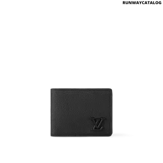 Louis Vuitton Multiple Wallet LV Aerogram in black grained calf leather with black metal LV initials and multiple compartments.