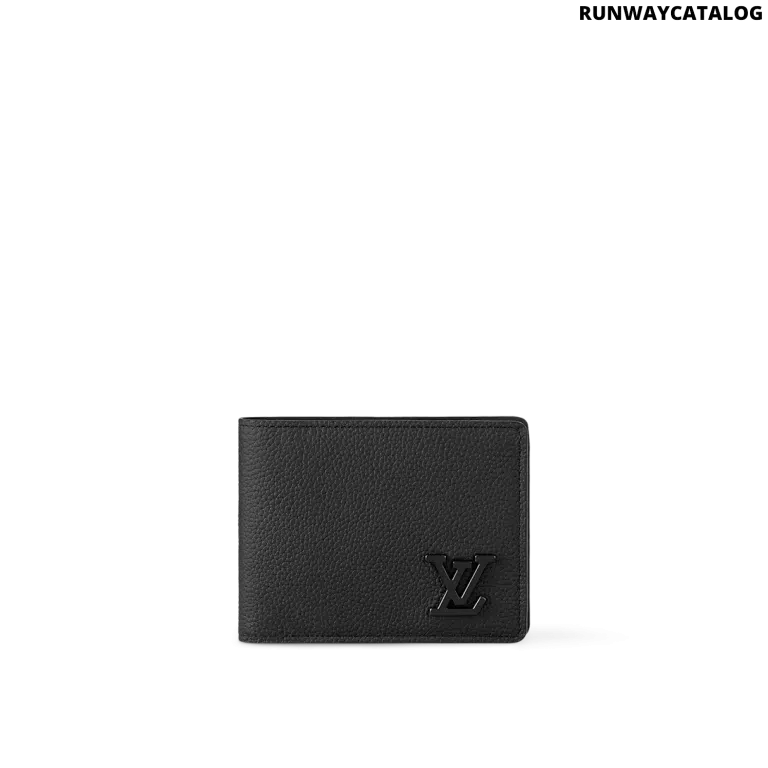 Louis Vuitton Multiple Wallet LV Aerogram in black grained calf leather with black metal LV initials and multiple compartments.