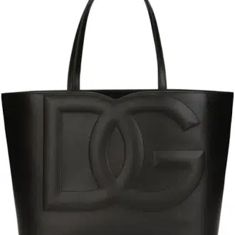 Black Dolce & Gabbana embossed-logo leather tote bag with long handles and open-top design.