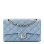 Printed Denim Quilted Medium Double Flap Light Blue